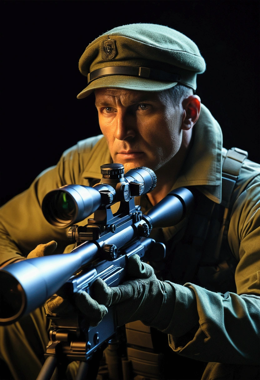 (Sniper), Under the cover of night, the sniper's figure merged with the darkness, his night vision device emitted a faint light, emphasizing the sniper's focused expression, full body, award-winning, cinematic still, emotional, vignette, dynamic, vivid, (masterpiece, best quality, Professional, perfect composition, very aesthetic, absurdres, ultra-detailed, intricate details:1.3)