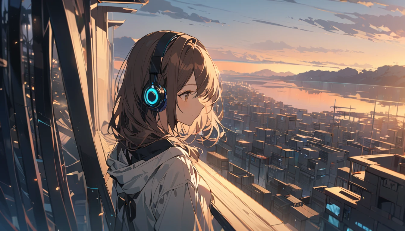 Girl wearing headphones,Brown Hair,1 person,Detailed Background,「Silence before dawn」 - Enjoy the morning silence,A long shot