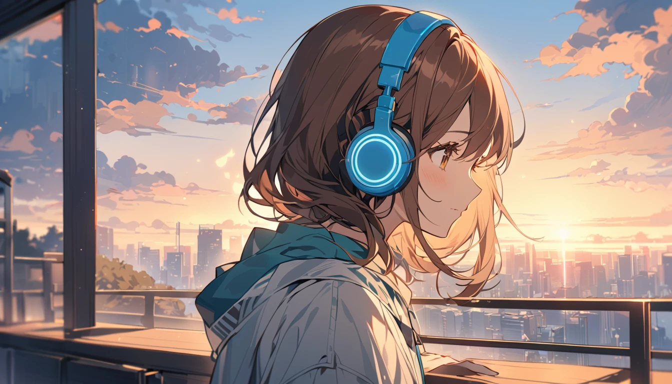 Girl wearing headphones,Brown Hair,1 person,Detailed Background,「Silence before dawn」 - Enjoy the morning silence,A long shot