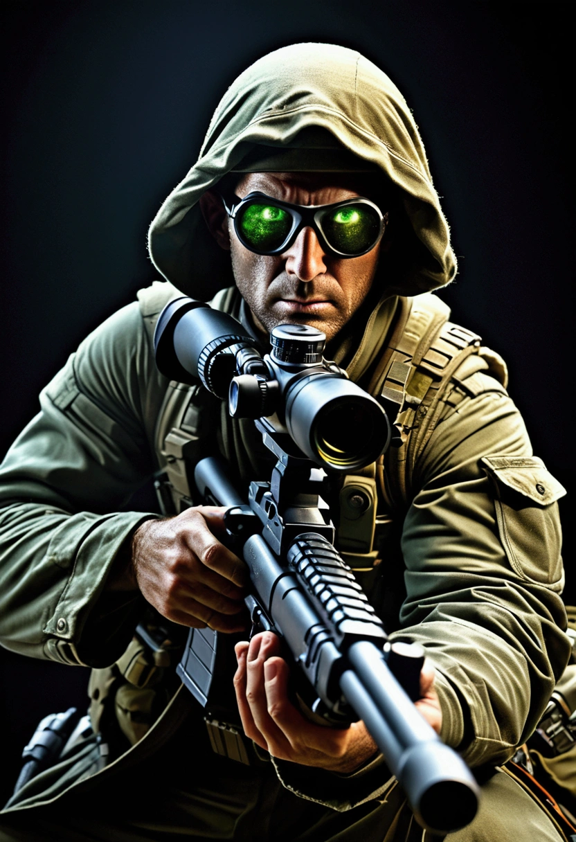 (Sniper), Under the cover of night, the sniper's figure merged with the darkness, his night vision device emitted a faint light, emphasizing the sniper's focused expression, full body, award-winning, cinematic still, emotional, vignette, dynamic, vivid, (masterpiece, best quality, Professional, perfect composition, very aesthetic, absurdres, ultra-detailed, intricate details:1.3)