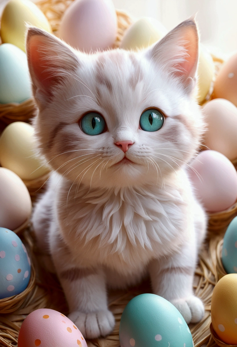 Beautiful little cat with dreamy eyes, Volumetric Light, Ultra-realistic, Intricate details, shape, Painting, watercolor, Cute Chibi, Eating Easter eggs, ah!, Shallow depth of field, Pastel Color Palette, Soft lighting, minimum, Modern, Digital Painting, Lois van Baerle、Ross Tran、Art by artgerm, Artstation HQのトレンド, Very detailed,Sleep,Are sleeping