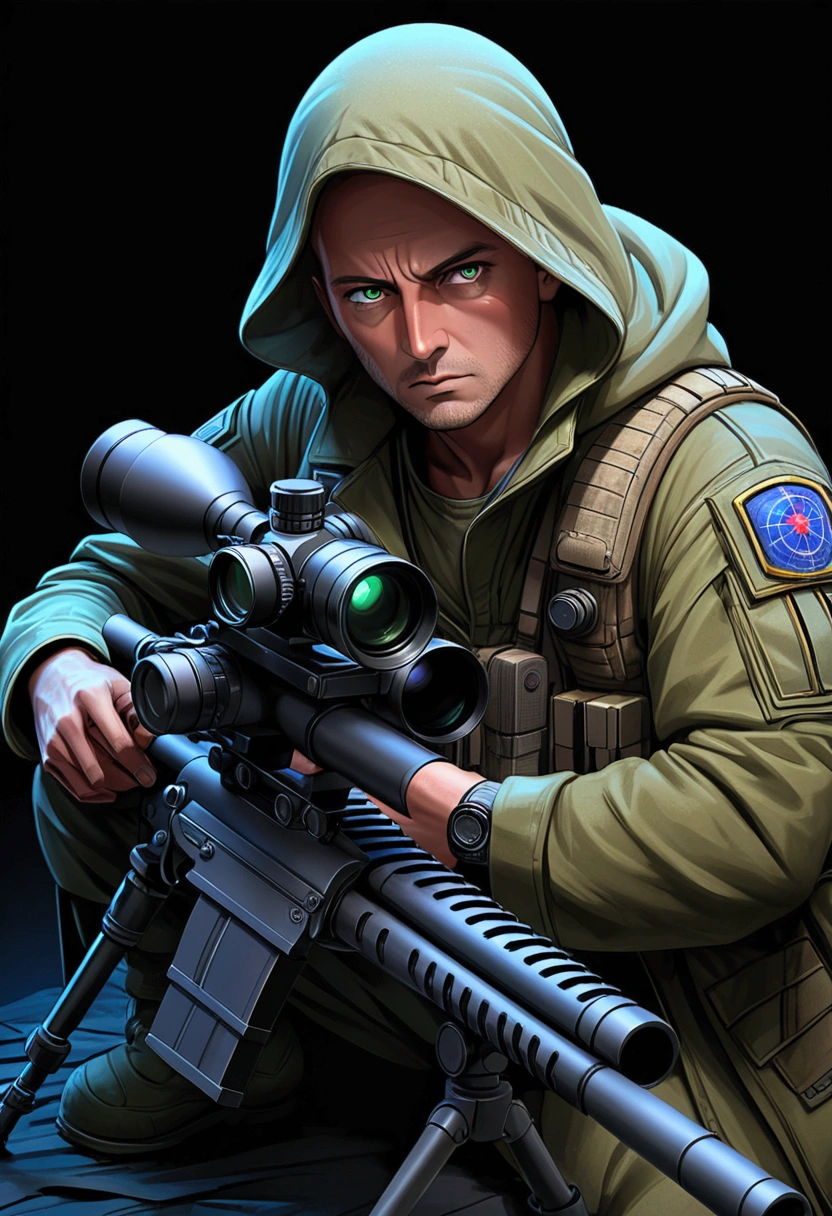 (Sniper), Under the cover of night, the sniper's figure merged with the darkness, his night vision device emitted a faint light, emphasizing the sniper's focused expression, full body, award-winning, cinematic still, emotional, vignette, dynamic, vivid, (masterpiece, best quality, Professional, perfect composition, very aesthetic, absurdres, ultra-detailed, intricate details:1.3)