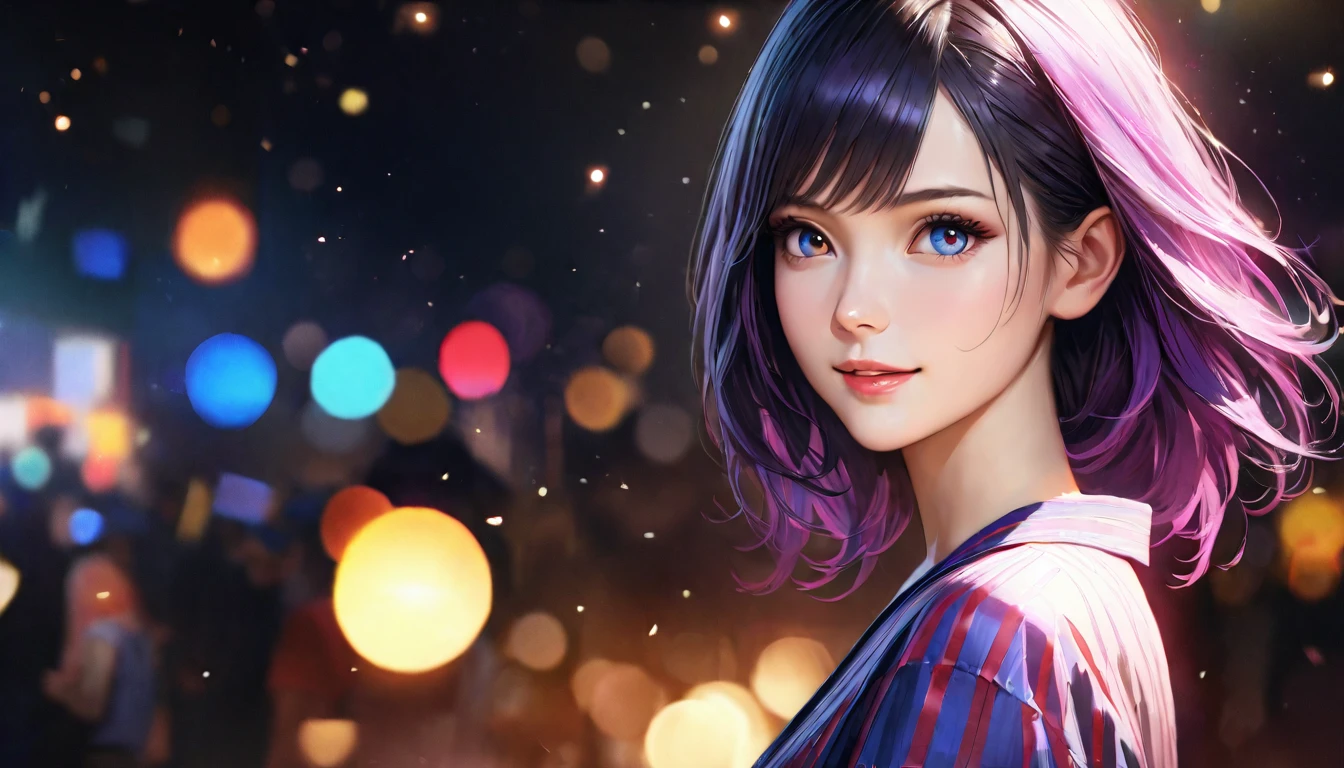 a beautiful girl wearing a yukata standing under the night sky looking at the stars, smiling with a sparkling effect, 1girl, detailed face, beautiful eyes, detailed lips, long eyelashes, medium: digital painting, vibrant colors, cinematic lighting, dreamlike, photorealistic, 8k, best quality, masterpiece:1.2, ultra-detailed, realistic:1.37, HDR, UHD, studio lighting, ultra-fine painting, sharp focus, physically-based rendering, extreme detail description, professional, vivid colors, bokeh