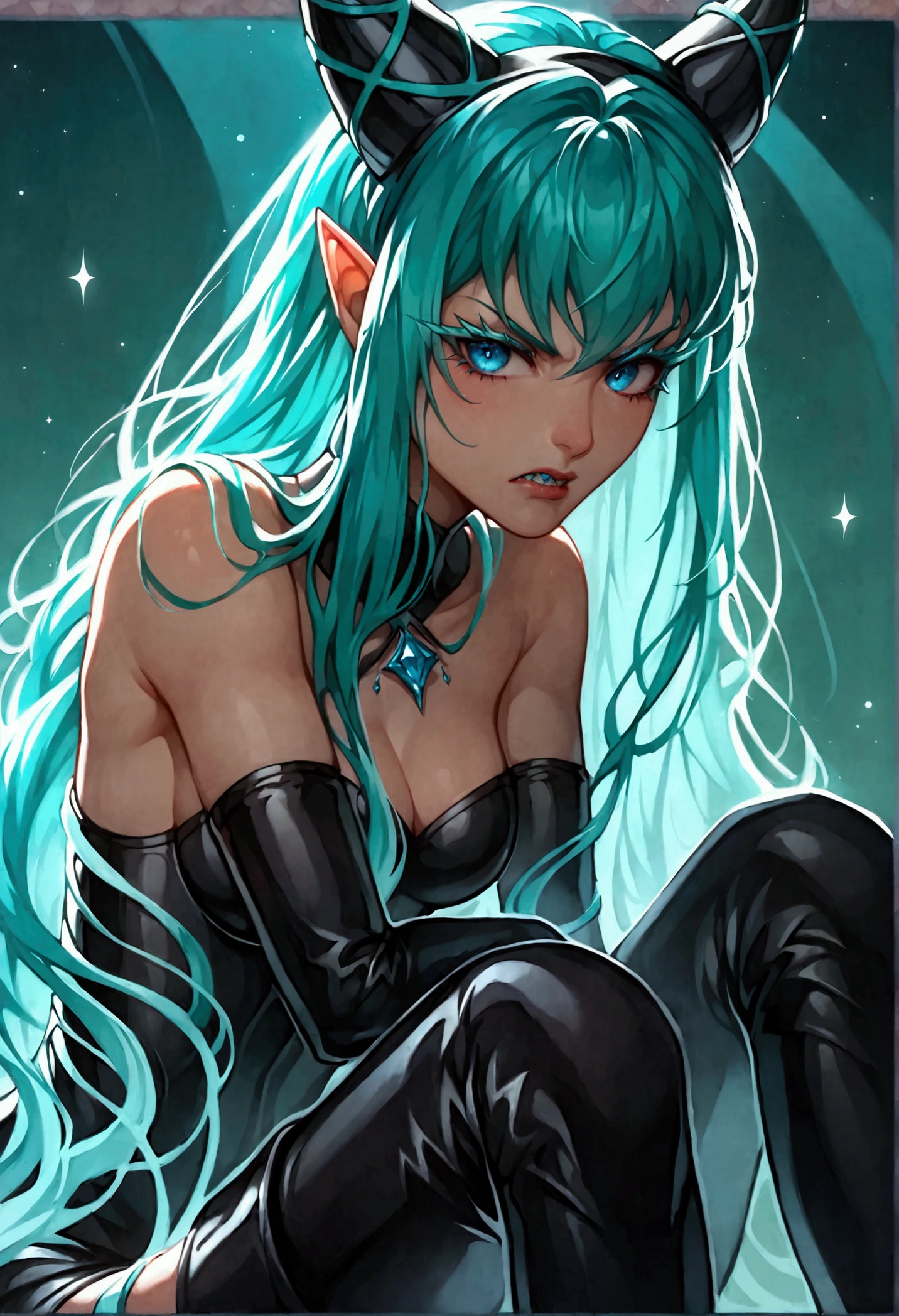 Ram, One girl, Long Hair, Small Corner, Small Corner, Pointed Ears, (Two-tone hair, Green Hair, Aqua Hair), bangs, blue eyes, eye shadow, alone, Thick line drawing, Diamond Aura, Symmetric, thin, Sparks and electric blue fingers, Long latex gloves, Thigh-high boots, leather Thigh-high boots, Long legs, Dominatrix pose, Dark space background, more, (masterpiece:1.4), (Highest quality:1.2), (Super detailed:1.3), High resolution, Very detailed, unity 8k wallpaper, Intricate details, Absurd, Sparkling, score_7_superior, score_8_superior, score_9_superior, anime coloring, sauce_anime, ＪＫ, Savage angry girl, Beautiful attention to detail, Beautiful lip detail, Very detailed eyes and face, Long eyelashes, baring sharp teeth, Dramatic expressions of anger, Dark and gloomy atmosphere, Dramatic lighting, Dark fantasy, Digital Painting, Cinematic, Calm colors, Rich texture, 8k, High resolution,