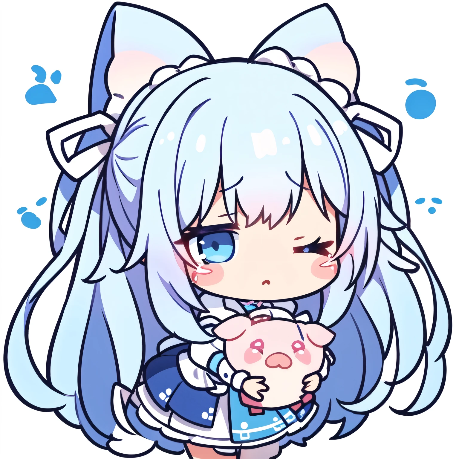 masterpiece，best quality，girl，Long hair，Pig head，Messy hair，Blue and White Ombre Hair，White background，A sad expression，Sad expression，详细的girl头像，Third view，9 emoticons，Three quarter side，unhappy，cry，With eyes closed