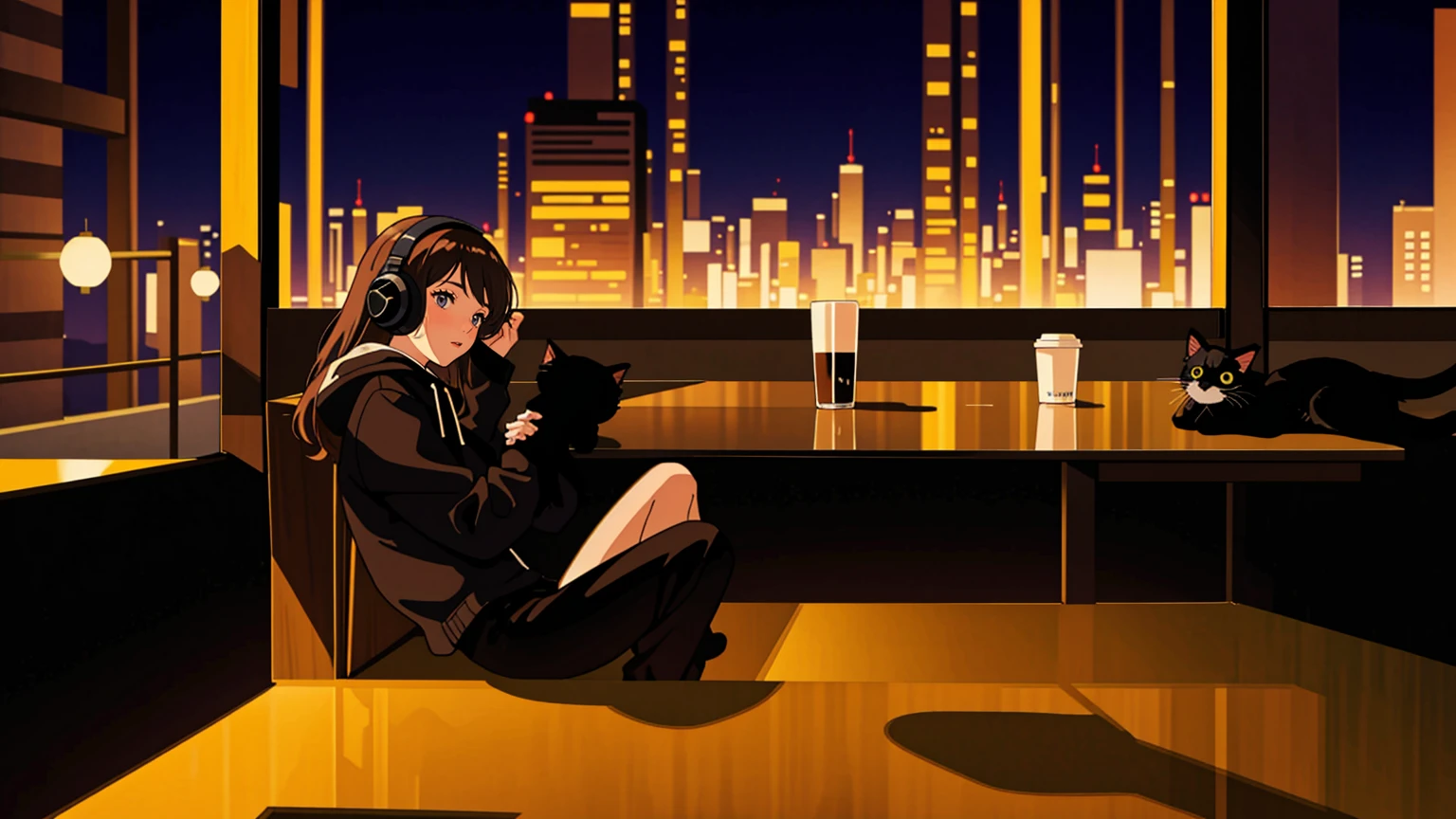 best quality, 8k, 1990s style,2010s hairstyles, 21 year old girl, black hair, long hair, light brown eyes, city pop, pants ,night view, wearing headphones, whole body,  relax coffee,table,confection,Looking at me, Black cat, girl studying
