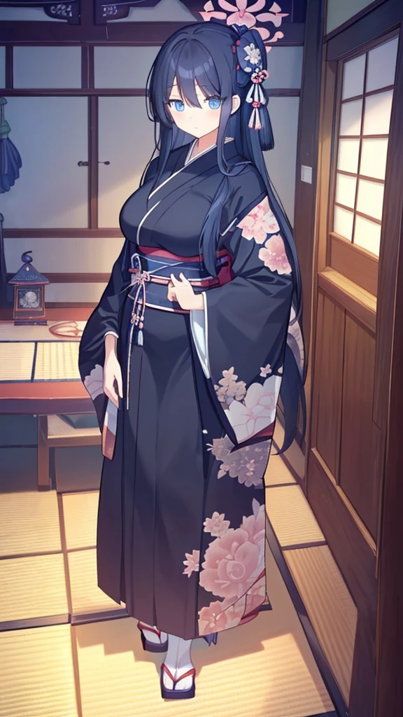 best quality, extremely detailed,anime style girl,long hair down to the waist, straight hair, ((dark black hair with bluish)),braid,beautiful detailed eyes, pinched eyes, (dark blue eyes),huge breasts,curvy,kimono,clothing with complex patterns,hair ornament,((((Japanese room)))),cool expression,dynamic angle