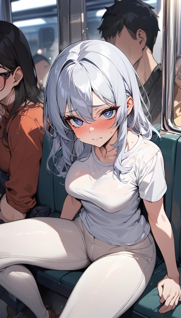 masterpiece, High resolution, perfect face, Korean beauty, 30 years old, beautiful face, in the crowded train, tight T-shirt, skinny pants, embarrassed look, look at the camera, (top quality eyes), detailed texture, Look at me, cool women, ((high resolution eyes)), little curvy, sitting, hentai, large breast, Molester