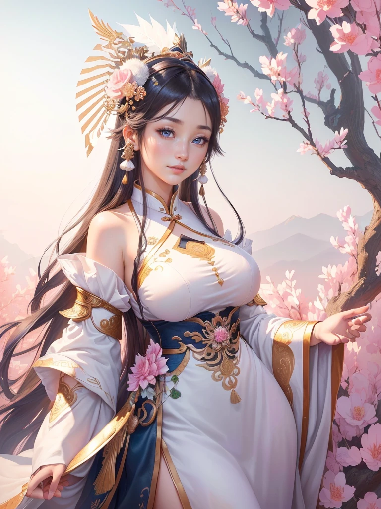 anime lady in a silver dress with a feather on her head, yun ling, inspired by Li Mei-shu, full body xianxia, highly detailed exquisite fanart, inspired by Pu Hua, inspired by Ju Lian, yang qi, lei min, Highly detailed CG unit 8k wallpaper, masterpiece, High resolution, highest quality, highest quality real texture skin, Super Real, Digital Painting, Best image quality, 最High resolution, 8k, ((Highly detailed eyes and face, Beautiful eyes every detail)), 1girl, Full Body Shot, smile, ((china clothes, オフショルダー, disproportionate breasts, huge breasts, gigantic breasts, )), disproportionate breasts, huge breasts, gigantic breasts