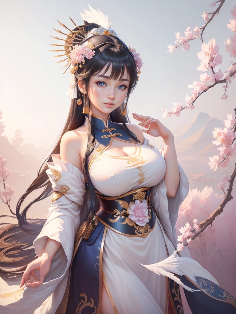 anime lady in a silver dress with a feather on her head, yun ling, inspired by Li Mei-shu, full body xianxia, highly detailed exquisite fanart, inspired by Pu Hua, inspired by Ju Lian, yang qi, lei min, Highly detailed CG unit 8k wallpaper, masterpiece, High resolution, highest quality, highest quality real texture skin, Super Real, Digital Painting, Best image quality, 最High resolution, 8k, ((Highly detailed eyes and face, Beautiful eyes every detail)), 1girl, Full Body Shot, smile, ((china clothes, オフショルダー, disproportionate breasts, huge breasts, gigantic breasts, )), disproportionate breasts, huge breasts, gigantic breasts