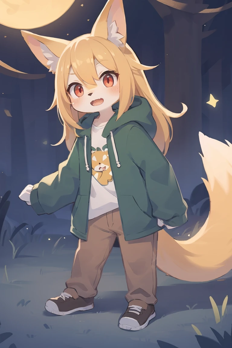 flat color, shota the fox, , was hairy, shaggy, skin fur, smooth lashes, golden fur, forelimb hands, straight long blonde hair, solid circle eyes, golden ears, golden fur, golden facial fur, shiny hair, red eyes, super cute face, 1fox tail, fluffy tail, furry tail, glowing eyes, green coat green hood down, brown trousers, open mouth, full body, ambient light, ultra-fine fur, dashed eyes, masterpiece, high quality, high-details, best quality, (solo)