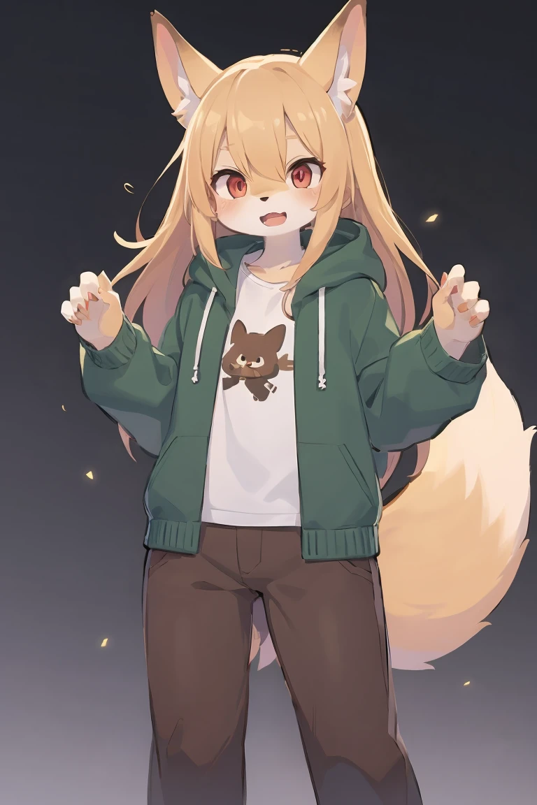 flat color, shota the fox, , was hairy, shaggy, skin fur, smooth lashes, golden fur, forelimb hands, straight long blonde hair, solid circle eyes, golden ears, golden fur, golden facial fur, shiny hair, red eyes, super cute face, 1fox tail, fluffy tail, furry tail, glowing eyes, green coat green hood down, brown trousers, open mouth, full body, ambient light, ultra-fine fur, dashed eyes, masterpiece, high quality, high-details, best quality, (solo)