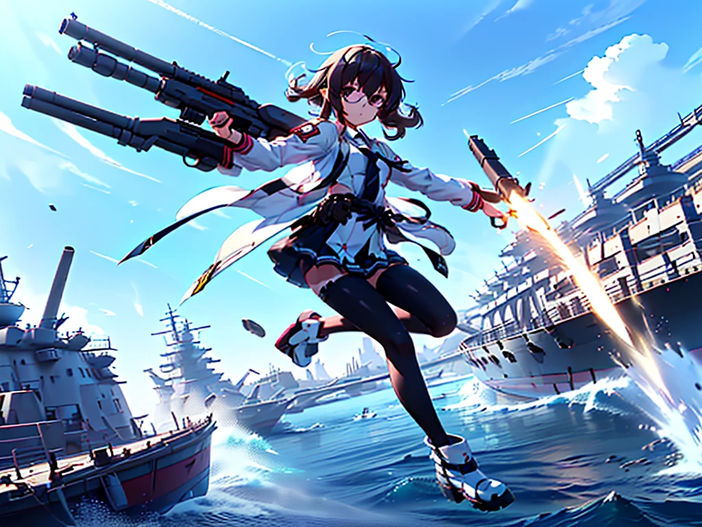 (((masterpiece, Vision))), ((((Full body of a woman with perfect flat chest、1 Female、solo、Short unkempt black hair、Tie your messy hair at the nape of your neck、white military jacket、Miko costume、black tights、Black glasses are black、White military cap、Cloudy black eyes、Confused eyes、Junyo-inspired emblem、Ship-style boots)))), (((Shipgirl))), ((Floating on the morning sea with both feet)), (Standing with your legs apart)), Aim, (Hold the shotgun turret grip with your right hand), (Four mechanical tentacles covered in white armor extend from its back.), (Holding a shotgun with metal tentacles), (Equipped with a bridge on the back), (His left arm holds the grip of a triple-barreled shotgun),