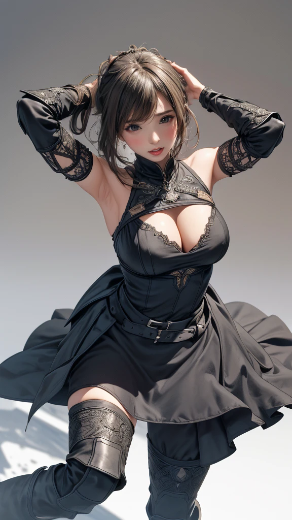 looking back,(fighting pose),(leather boots,(asymmetrical armor),(long embroidered cute dress,see through,lift up the hem of the dress)),(random hairstyle),(Thin type:1.5),(large breasts),(Highest image quality,(8K), Ultra-realistic, Best Quality, High quality, High Definition, high quality texture, high detailing, Beautiful detailed, fine detailed, extremely details CG, Detailed texture, realistic representation of face, masterpiece, presence)
