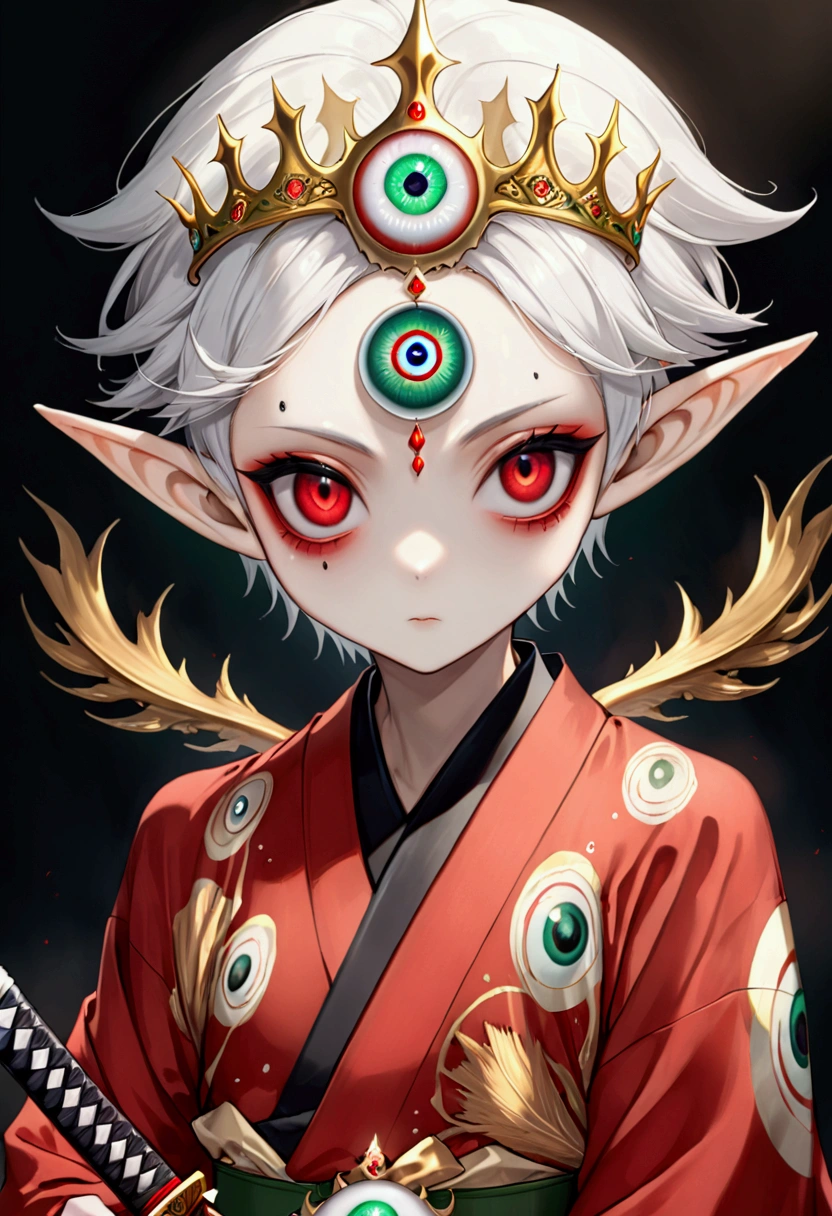 (((1 Boy，独奏，third eye on the forehead，Dark eyeshadow.Middle-parted white hair-super short hair，Elf ears))),(((Gorgeous Japanese red kimono：1.6，Eye Diagram，Dark Pattern))).(((Thin waist，Greenbelt：1.37)))