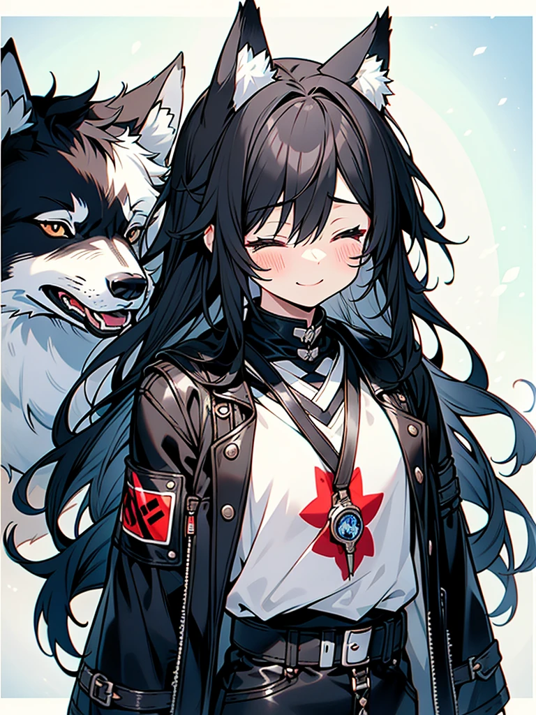 An anime illustration that is extremely precise, extremely drawn, extremely skilled, and extremely processed.、1. Juvenile、A cute boy like a beautiful girl、Wolf ears and wolf tail、Long black hair、Stop crying and smile、close your eyes、Trail of Tears、Pure、Punk Fashion、Lock、Leather outfit、