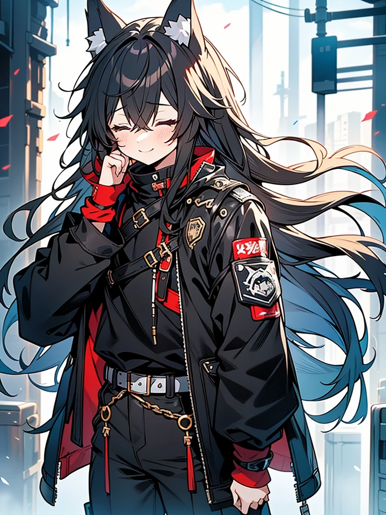 An anime illustration that is extremely precise, extremely drawn, extremely skilled, and extremely processed.、1. Juvenile、A cute boy like a beautiful girl、Wolf ears and wolf tail、Long black hair、Stop crying and smile、close your eyes、Trail of Tears、Pure、Punk Fashion、Lock、Leather outfit、