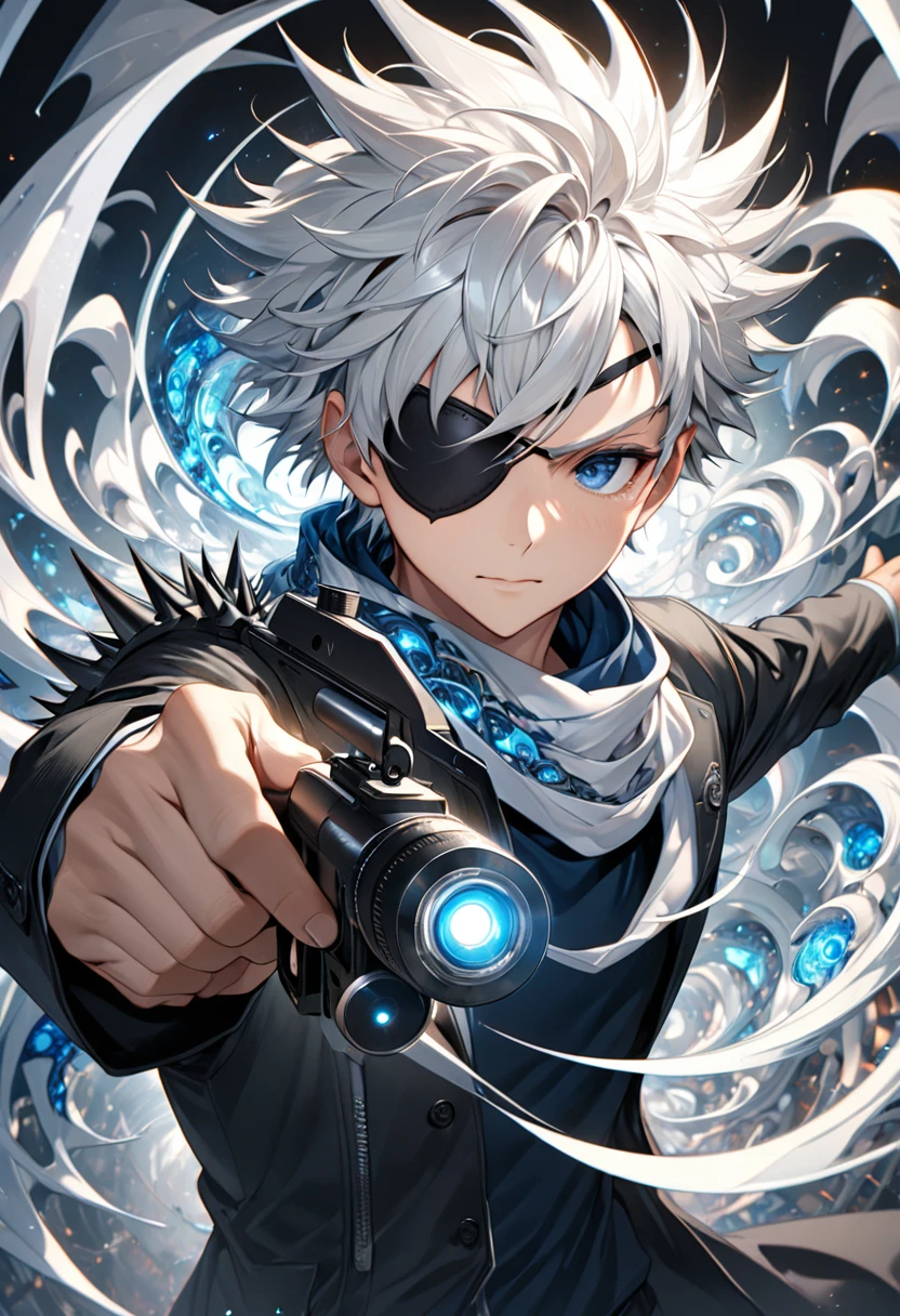 ( 正確Perfect anatomical structure )一名身穿黑色衬衫的男孩載 Single eye black eyepatch ( Single eye black eyepatch)、scarf, gray hair, Close up high dynamic range of man with spiky hair and white hair pointing gun forward dynamic sniper ( perfect anatomy ) Aim forward and emit bright light ( Perfect anatomical structure ) Handsome black jacket blue silver shiny swirling high dynamic vortex around man, Vortex Dynamic Masterpiece Perfect Composition Intricate Details Meticulous Digital Art