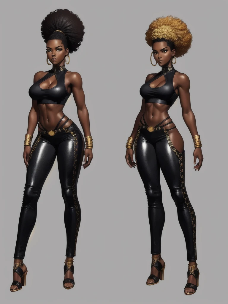 ((best quality)), ((4k)), ((highres)), ((masterpiece:1.2)). ((detailed)), ((ultra realistic)), ((intricate details)), ((full body picture)), ((solo character)), a full body picture of a beautifull Ebony skinned female, black woman, dark skin, perfect face, detailed eyes, detailed lips, about 25 years old, about 5'5 ft. tall, punk black woman, punk style, side shaved hair ((emphasis on her side shaved hair)), afro-punk hair style, ((emphasis on her afro-punk hair style)), muscular body, hourglass body type, thick and muscular, dressed in a golden top ((emphasis on her gold tank top)), and black leather pants, high heels, fighting game character concept art, tekken character design, the king of fighters character concept, full bofy, full body concept art, full body art