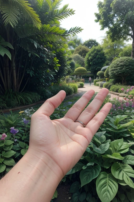 close up of a hand,perfect anatomy,garden,cinematic lighting,(masterpiece,8k,Professional,perfect composition,very aesthetic,absurdres,ultra-detailed,intricate details:1.2),perfect proportion,hand