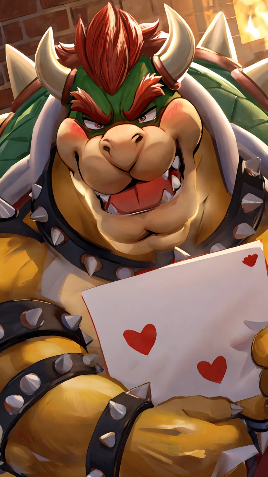 Bowser giving mario a love letter, bowser blushing, 