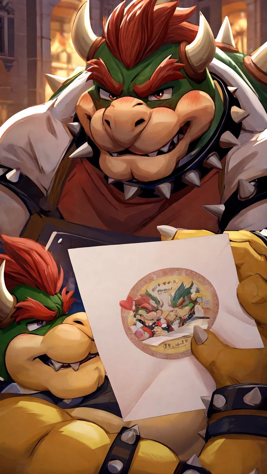 Bowser giving mario a love letter, bowser blushing,