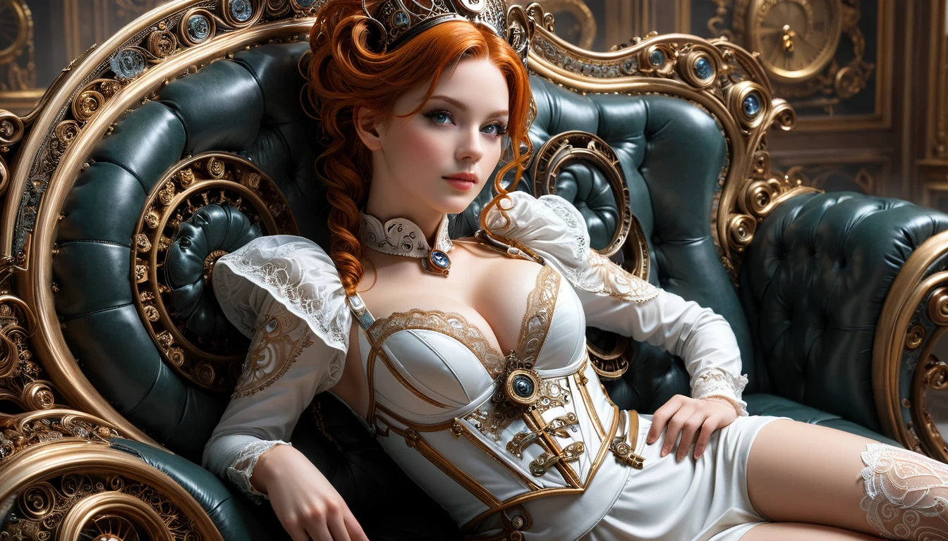 photo, 8k ((surréaliste)) statue d'une sublime femme rousse Steampunk en marbre blanc alangui sur un sofa complexe, plan large, corps entier jusqu'aux hanches, taille fine, souriante et radieuse, bustier étroit incrusté de fines dentelles techniques complexe fractal, bustier effet push-up, complexe, élégante et sensuelle, yeux sublime et intenses, yeux très détaillés, très détaillé, majestueuse, digital photography, art by artgerm and ruan jia and greg rutkowski surréaliste painting gold and silver filigree, (cheveux très long), verre brisé, (chef-d'oeuvre artistique, Éclairage latéral, HDR, Réaliste, HD), sublime grosse poitrine push-up,