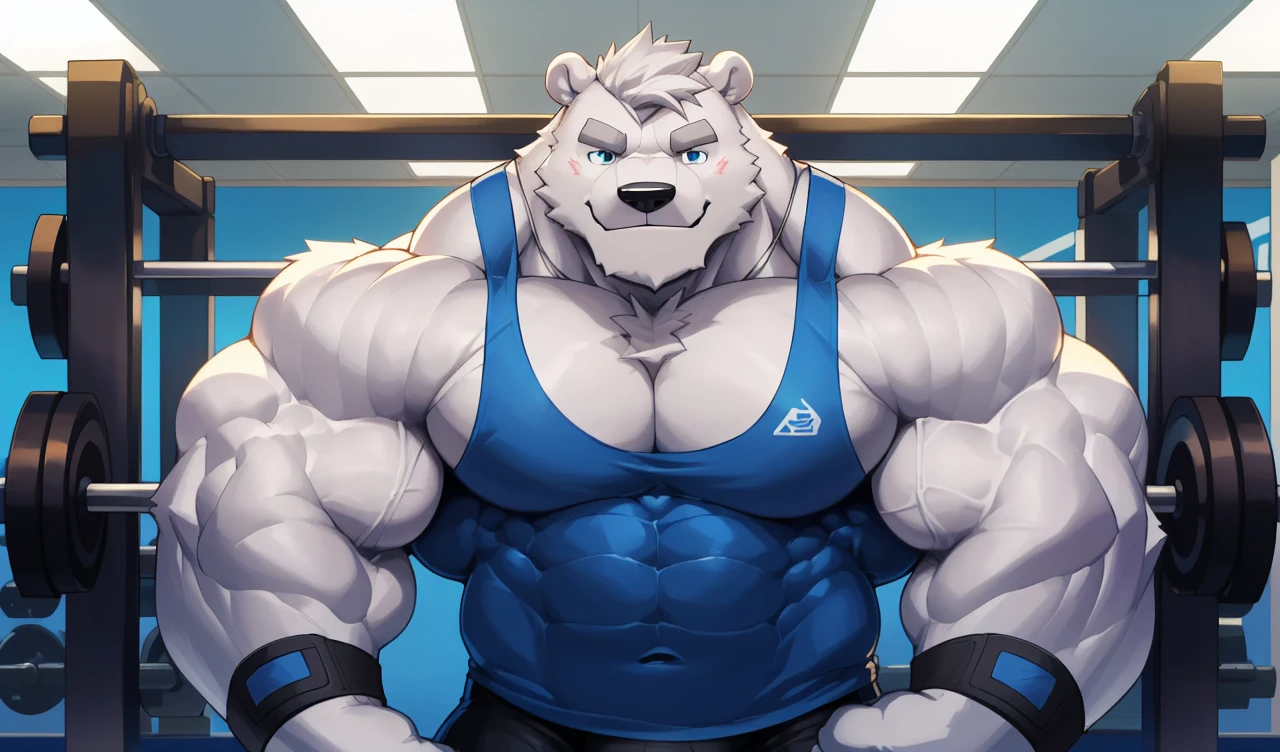 solo, 1boy, perfect anatomy, (furry white bears, polar bear) perfect proportion, smirk, big eyes, wide chest, bulky, bulk, bulge, happy. Huge Muscular Old Polar bear with short,(black gym shorts, wristbands and blue tank top), view from side, pectoral, thick arms, huge pectoral, wide pectoral, white hair, white beards, grey eyebrows, gym background, masterpiece, semirealistic:1.2, high detailed, 8k, high resolution, perfect center, full view. ((really big muscle, massive muscular, sixpack, thick arms, wide pectoral, super huge muscle, hyper muscular, over sized muscle, huge arms, big arms, huge pectoral))