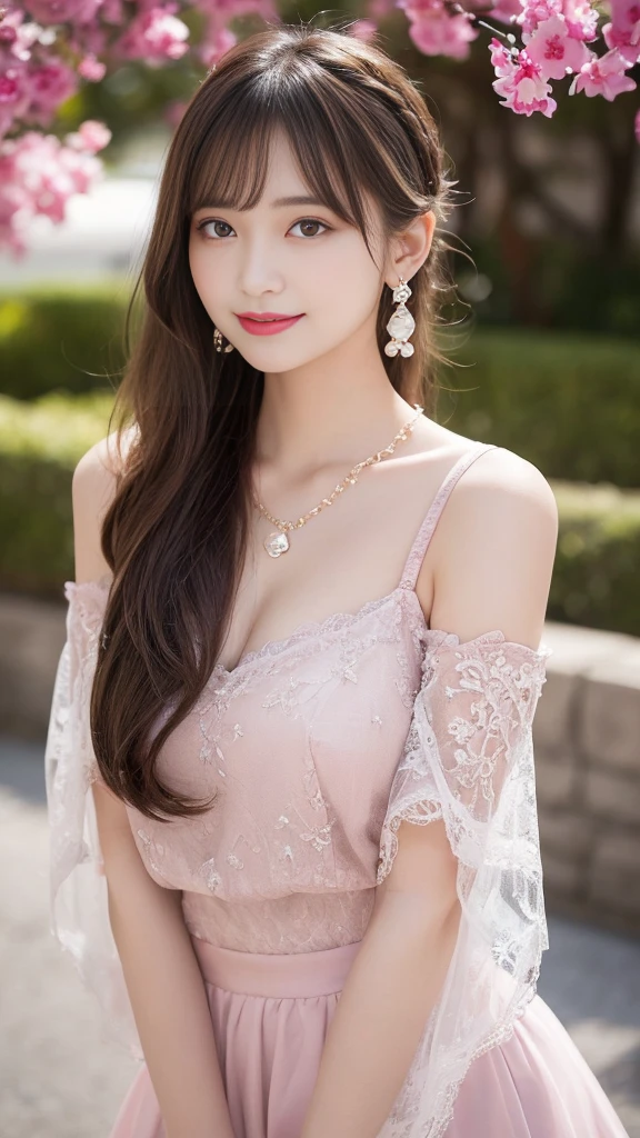 Fine details, high resolution, high quality、Perfect dynamic composition, Beautiful and delicate eyes, Double ponytail hairstyle, Beautiful breasts 、Natural lipstick, Face,Kamiaki、2 girls、clear translucent skin、Shiny hair、Pink luxury clothes、Fluffy skirt、Delicate lace、Complex dress、Exquisite hair accessories、Intricate earrings、Complex necklaces、a smile、