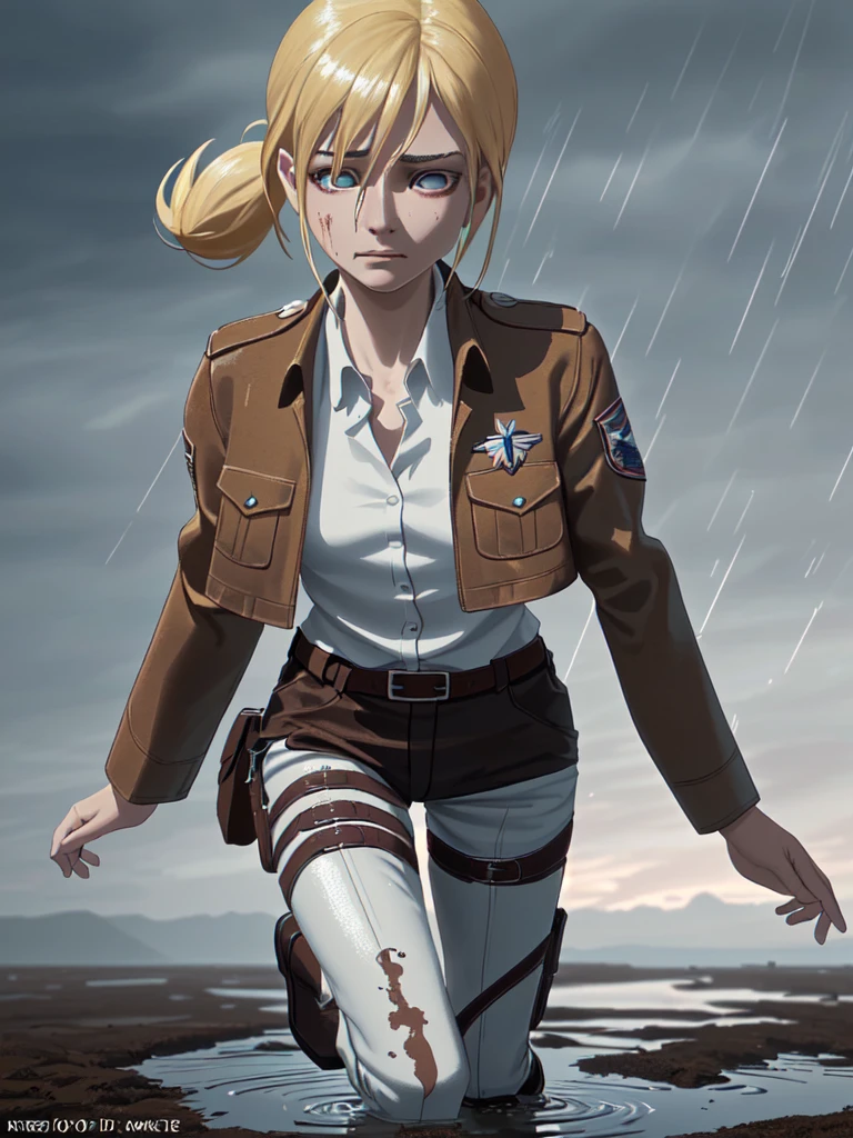 masterpiece, Highest quality, High resolution, (The intense look of dusk:1.2), Dynamic Angle, (Dramatic lighting:1.2), (Heavy raindrops falling:1.1), (Muddy battlefield background:1.1), (Remains of fallen soldiers:1.1), (Dark clouds loom overhead:1.2), (Tired but determined expression:1.2), (In the background is a tattered military flag.:1.1), (Ripples in a puddle reflect the scenery:1.1), Serious expression, One girl, alone, View your viewers, smile, history, Krista Lentz, Blonde, blue eyes, Hair between the eyes, short hair, ponytail, Official Art, Jacket, brown Jacket, Symbolism, belt, Thigh straps, pants, white pants, boots, shirt, white shirt, collared shirt, (Tight clothing), unity 8k wallpaper, (figure:0.8), (Beautiful attention to detail:1.6), Highly detailed face, Highly detailed CG, (3D Face:1.1), (Shiny skin:1.5), (超High resolution intricate face details), (Facial skin pores:1.3), 超High resolution cloth texture, Shining Eyes, Perfect Eyes, Glowing Eyes