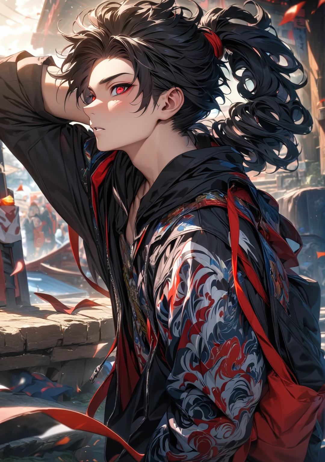 (absurdres, highres, ultra detailed, HDR), master piece, best quality, male teenager, very curly hair and a long ponytail behind his head, blue-ish black hair, vibrant red eyes, Naruto Shippuden