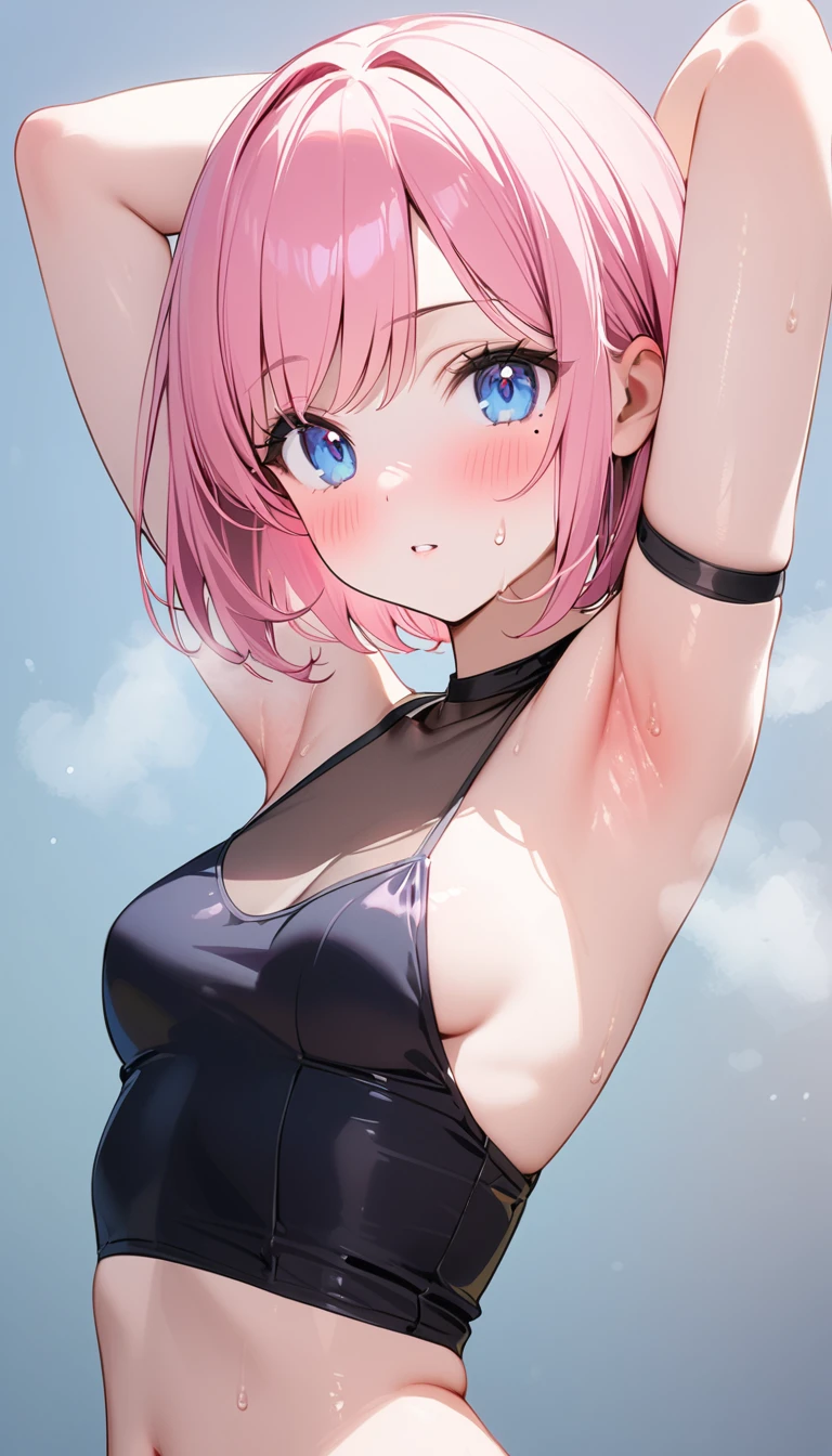 (1 girl),(Best Picture Quality, 8K, Masterpiece:1.3), (high school student:1.5), ((pink lob hair:1.1)), (bob cut),(swept bangs), (cute eyes, pupil black, iris skyblue, youthful face), (mole under right eye), (standard weight), (small breasts), (glistening skin:1.1),(pale skin:1.2),((showing armpits)),((Minimalist fashion)),(portrait),(blush),(sweat),((steam:1.3)),(Macro armpits).