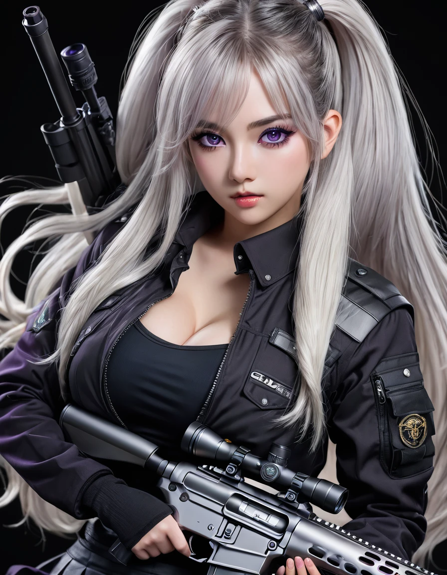 1girl, solo, long hair, looking at viewer, skirt, simple background, holding, purple eyes, jacket, ponytail, weapon, white hair, pantyhose, holding weapon, gun, black pantyhose, fur trim, black background, rifle, sniper rifle, scope, ultra detailed eyes, detailed face, beautiful detailed eyes, beautiful detailed lips, extremely detailed eyes and face, long eyelashes, cleavage, (8k, best quality, masterpiece:1.2),(best quality:1.0), (ultra highres:1.0)