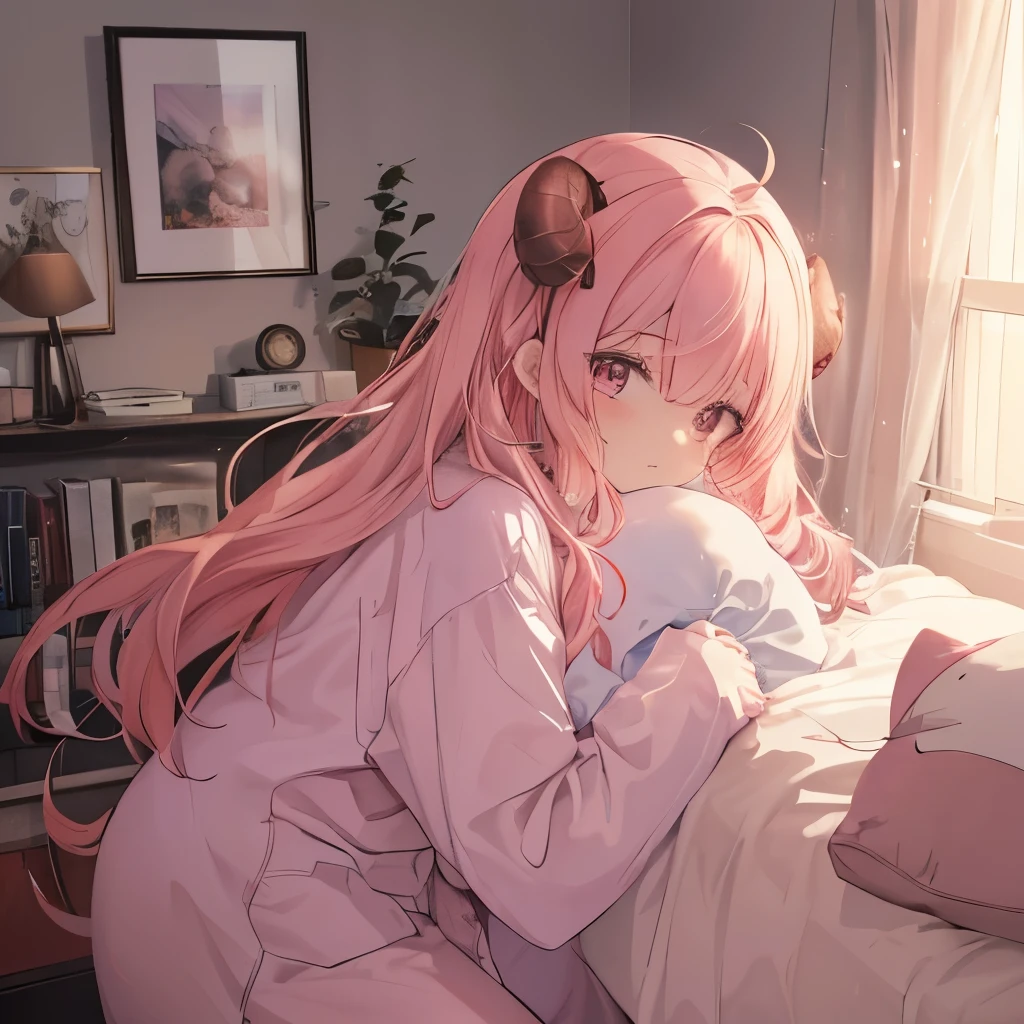 An anime-style illustration of ‘Fua-chan’ getting ready to go to bed. Fua-chan has distinctive features: long pink hair styled in soft curls resembling sheep’s horns, and pink eyes. She is depicted wearing cute and comfortable pajamas, with a relaxed and sleepy expression. She is standing by her bed, perhaps holding a pillow or a plush toy, and pulling back the covers to get in. The background shows a cozy bedroom with soft lighting, a neatly made bed, and a few personal items, creating a warm and inviting atmosphere as she prepares to sleep.