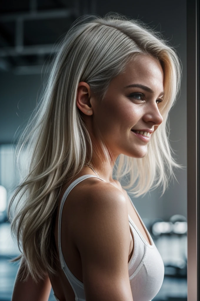 cinematic photo breathtaking (masterpiece, best quality) , (highres:1.2), 20 year old swedish girl, smiling, in the gym, (photorealistic:1.2) , (film grain:1.3) , (morbid light:1.2) , (dynamic angle) , raw photo, goddess, (((white hair))), (((pic from behind, looking at the camera,))) , long white curly hair, ultra-detailed masterpiece, sexy smile, detailed skin, realistic, , photo-realistic, 8k sharp focus, highly detailed, full length frame, High detail RAW color art, piercing, diffused soft lighting, shallow depth of field, sharp focus, hyperrealism, cinematic lighting