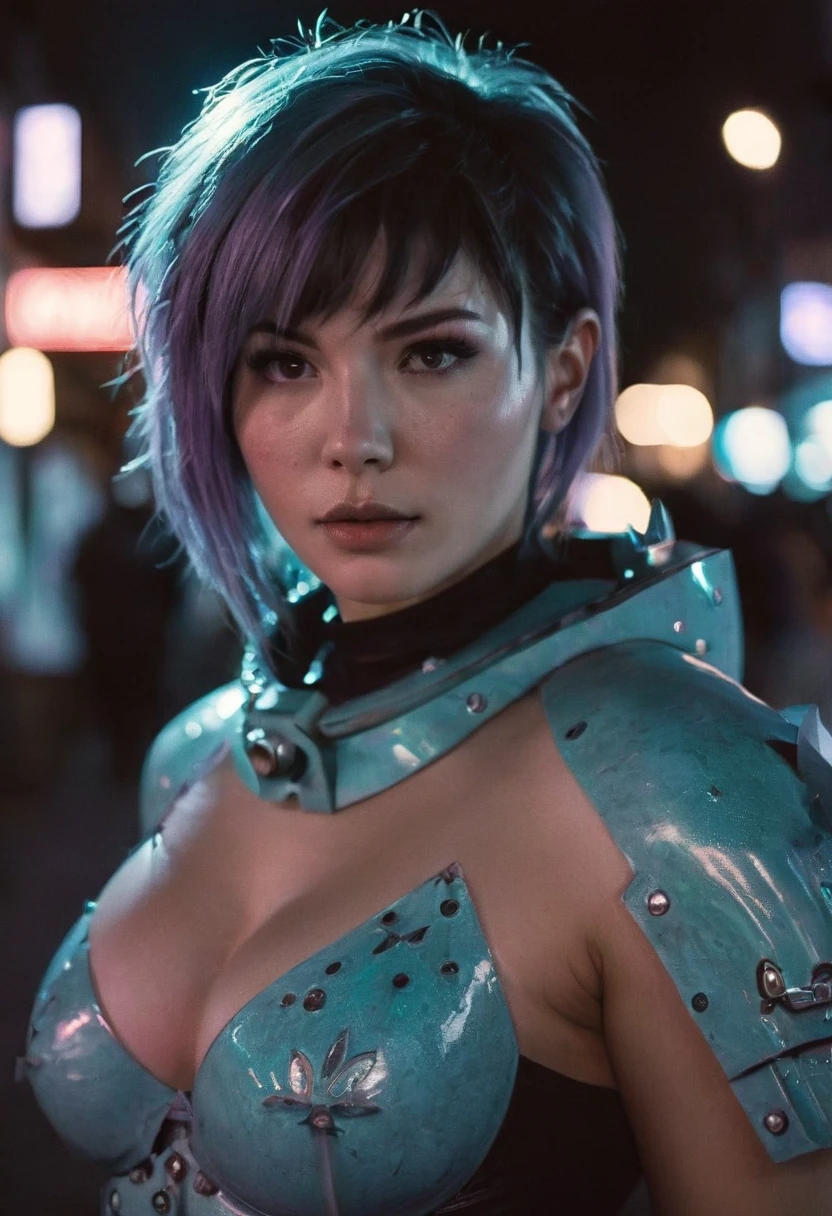 (realistic analog style sharp focus 8k raw photo with soft lighting and high quality:1.1), (hdr film grain:1.2),movie poster, a cute woman wearing a shiny (textured:1.2) (intricate:1.2) cyborgcosplay in a dark street at night, (cinematic hairstyle:1.2)
