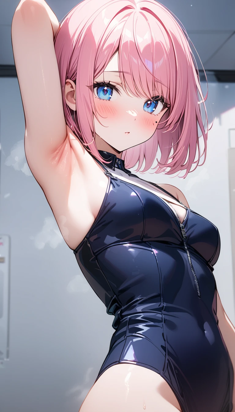 (1 girl),(Best Picture Quality, 8K, Masterpiece:1.3), (high school student:1.5), ((pink lob hair:1.1)), (bob cut),(swept bangs), (cute eyes, pupil black, iris skyblue, youthful face), (mole under right eye), (standard weight), (small breasts), (glistening skin:1.1),(pale skin:1.2),((showing armpits)),((Minimalist fashion)),(portrait),(blush),((steam:1.3)),(Macro armpits).