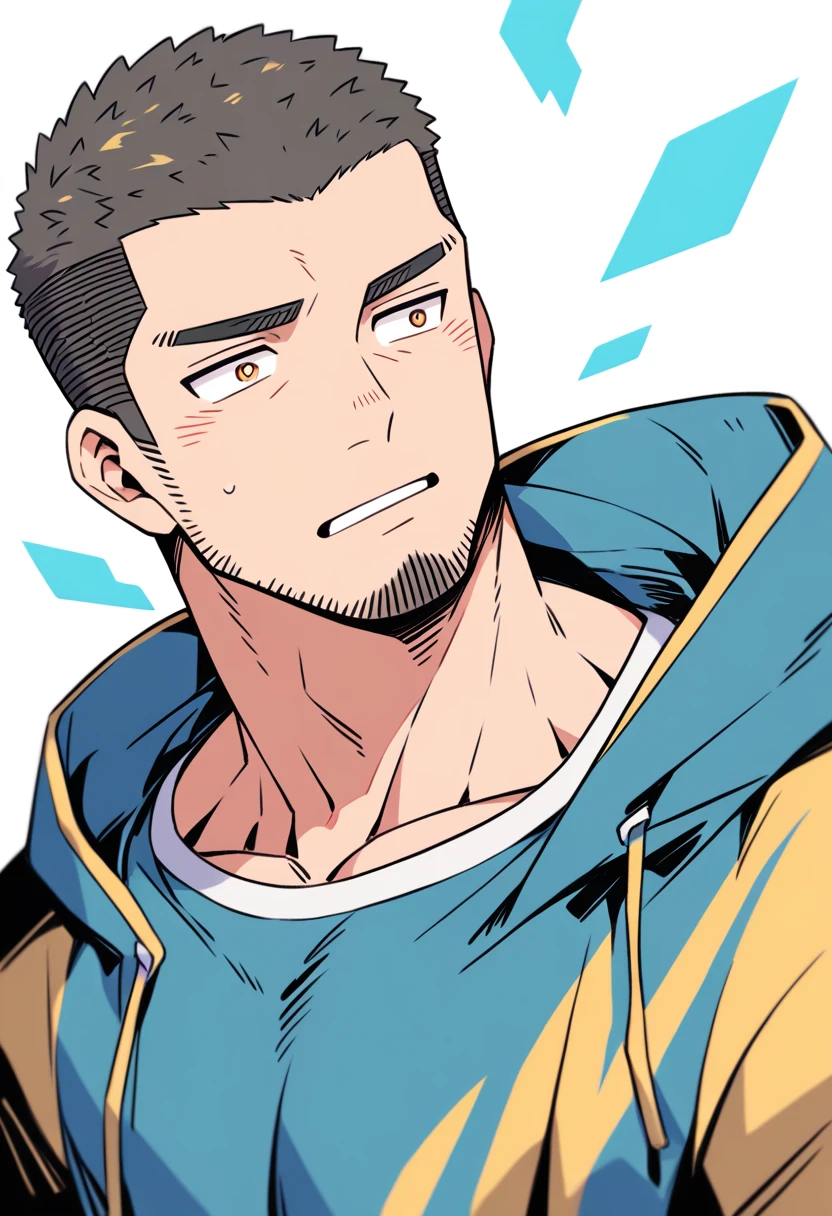 anime characters：Priapus, Muscle Sports Student, Buzz Cut, Manliness, male focus, Sports tight hooded sweatshirt, Very tight, full and perky chest muscles, muscular male, muscular, only, Upper body, alone, Black short hair, Thick eyebrows, stubble, Brown-red pupils, White background, simple background, amazing quality, best aesthetics, Ridiculous, crew cut, parted lips, flustered, endured face, negative space, best quality