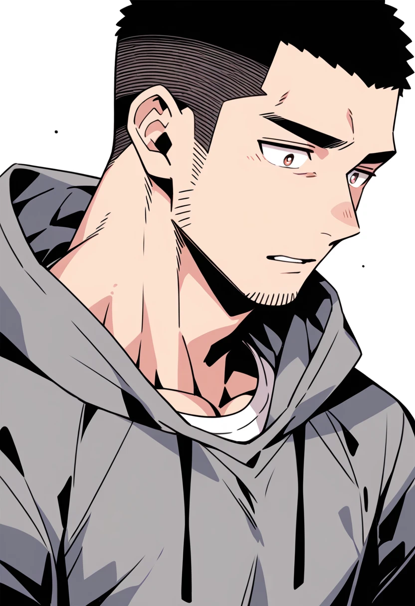 anime characters:Priapus, Muscle Sports Student, Buzz Cut, Manliness, male focus, Sports tight hooded sweatshirt, Very tight, full and perky chest muscles, muscular male, muscular, only, Upper body, alone, Black short hair, Thick eyebrows, stubble, Brown-red pupils, White background, simple background, amazing quality, best aesthetics, Ridiculous, crew cut, parted lips, flustered, endured face, negative space, best quality