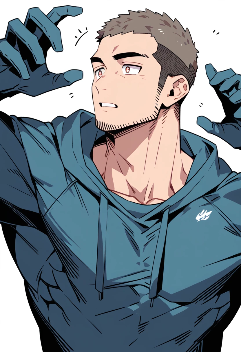 anime characters:Priapus, Muscle Sports Student, Buzz Cut, Manliness, male focus, Sports tight hooded sweatshirt, Very tight, full and perky chest muscles, muscular male, muscular, only, Upper body, alone, Black short hair, Thick eyebrows, stubble, Brown-red pupils, White background, simple background, amazing quality, best aesthetics, Ridiculous, crew cut, parted lips, flustered, endured face, negative space, best quality