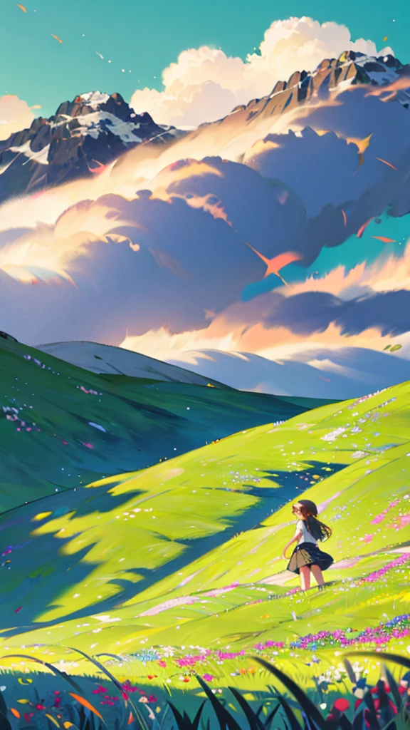 Fresh painting style,Clear bright sky,Looking up,In the wheat field。girls play,Keep hands away from sunlight,Anime characters,Super detailed,Very realistic,masterpiece,8k,Hyper HD,