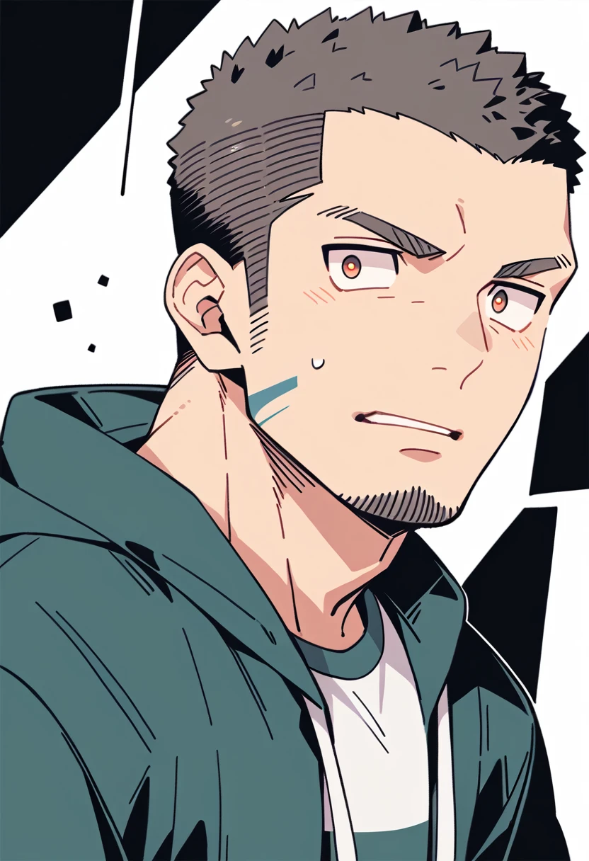 anime characters：Priapus, Muscle Sports Student, Buzz Cut, Manliness, male focus, Sports tight hooded sweatshirt, Very tight, full and perky chest muscles, muscular male, muscular, only, Upper body, alone, Black short hair, Thick eyebrows, stubble, Brown-red pupils, White background, simple background, amazing quality, best aesthetics, Ridiculous, crew cut, parted lips, flustered, endured face, negative space, best quality