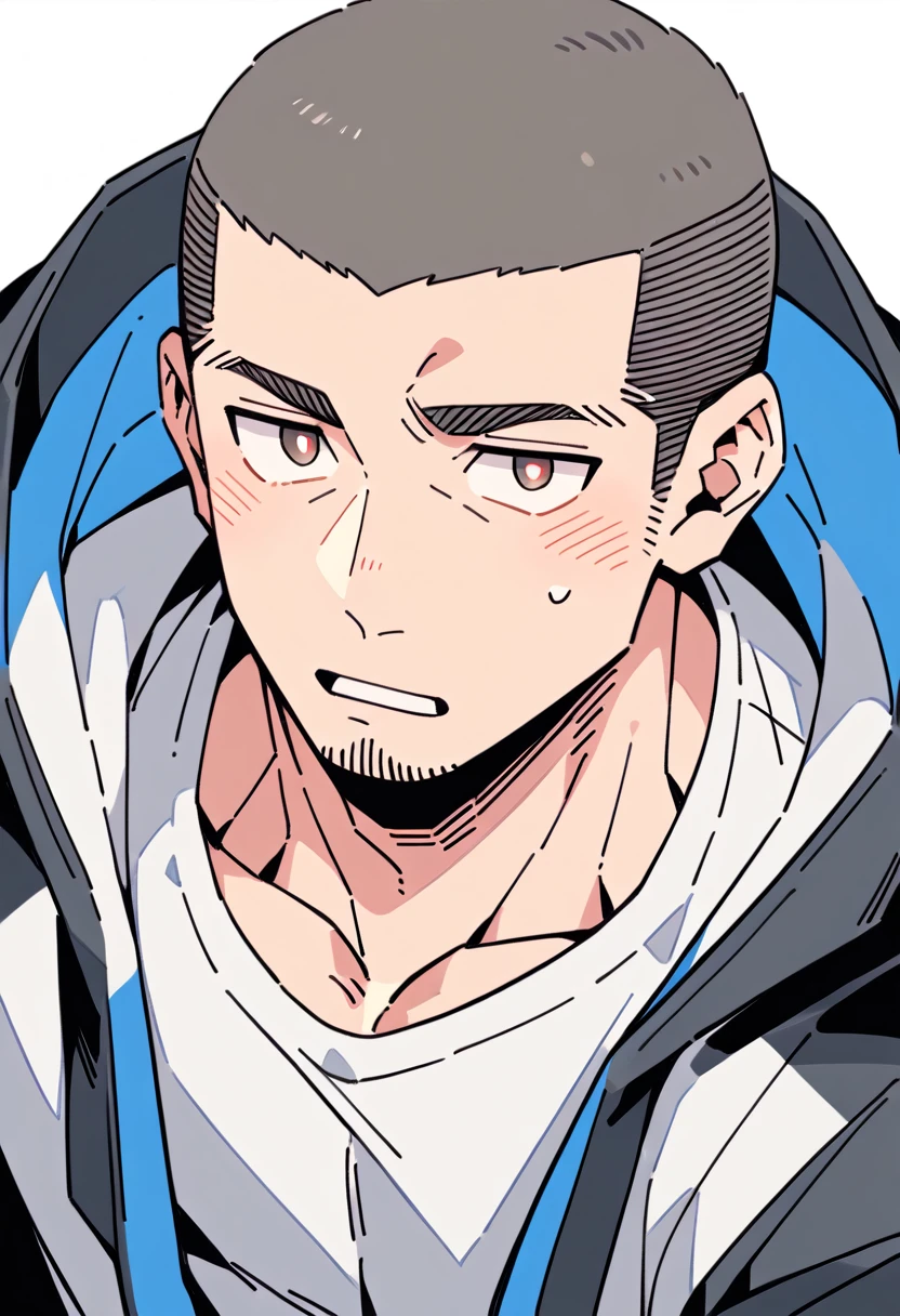 anime characters:Priapus, Muscle Sports Student, Buzz Cut, Manliness, male focus, Sports tight hooded sweatshirt, Very tight, full and perky chest muscles, muscular male, muscular, only, Upper body, alone, Black short hair, Thick eyebrows, stubble, Brown-red pupils, White background, simple background, amazing quality, best aesthetics, Ridiculous, crew cut, parted lips, flustered, endured face, negative space, best quality