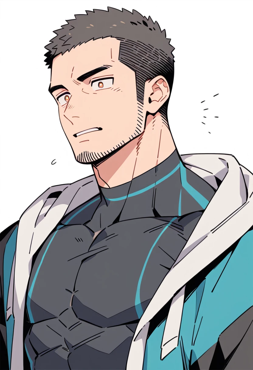 anime characters:Priapus, Muscle Sports Student, Buzz Cut, Manliness, male focus, Sports tight hooded sweatshirt, Very tight, full and perky chest muscles, muscular male, muscular, only, Upper body, alone, Black short hair, Thick eyebrows, stubble, Brown-red pupils, White background, simple background, amazing quality, best aesthetics, Ridiculous, crew cut, parted lips, flustered, endured face, negative space, best quality