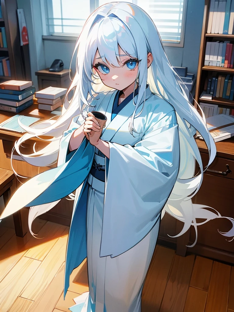 Young girl, 8yo, long  white hair, wearing white kimono, blue colored eyes, holding a porcelain cup, is in an 80s style office, books around, wood floor, Grieving, sad