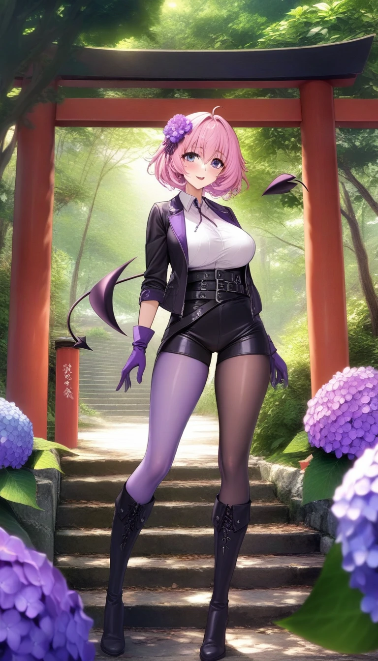 masterpiece, best quality, very aesthetic, absurdres, 1girl, mature_lady, ,momo_velia_deviluke, to_love-ru, to_love-ru_darkness,1girl,purple_eyes, pink_hair, short_hair, breasts, demon_tail, green_skirt, hair_flower, hair_ornament,,asymmetrical_legwear, belt, arm_belt, black_jacket, black_shorts, boots, collared_shirt, gloves, high-waist_shorts, jacket, knee_boots, multiple_belts, open_clothes, open_jacket, pantyhose, pantyhose_under_shorts, purple_gloves, purple_pantyhose, shirt, short_shorts, shorts,Wallpaper Fusion, dappled sunlight, day, flower, hydrangea, leaf, light rays, nature, outdoors, path, plant, purple flower, scenery, stairs, sunlight, torii, tree, wisteria,floating_clothes,pussy_juice