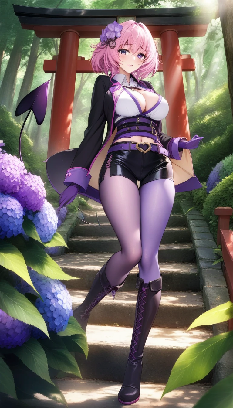 masterpiece, best quality, very aesthetic, absurdres, 1girl, mature_lady, ,momo_velia_deviluke, to_love-ru, to_love-ru_darkness,1girl,purple_eyes, pink_hair, short_hair, breasts, demon_tail, green_skirt, hair_flower, hair_ornament,,asymmetrical_legwear, belt, arm_belt, black_jacket, black_shorts, boots, collared_shirt, gloves, high-waist_shorts, jacket, knee_boots, multiple_belts, open_clothes, open_jacket, pantyhose, pantyhose_under_shorts, purple_gloves, purple_pantyhose, shirt, short_shorts, shorts,Wallpaper Fusion, dappled sunlight, day, flower, hydrangea, leaf, light rays, nature, outdoors, path, plant, purple flower, scenery, stairs, sunlight, torii, tree, wisteria,floating_clothes,pussy_juice