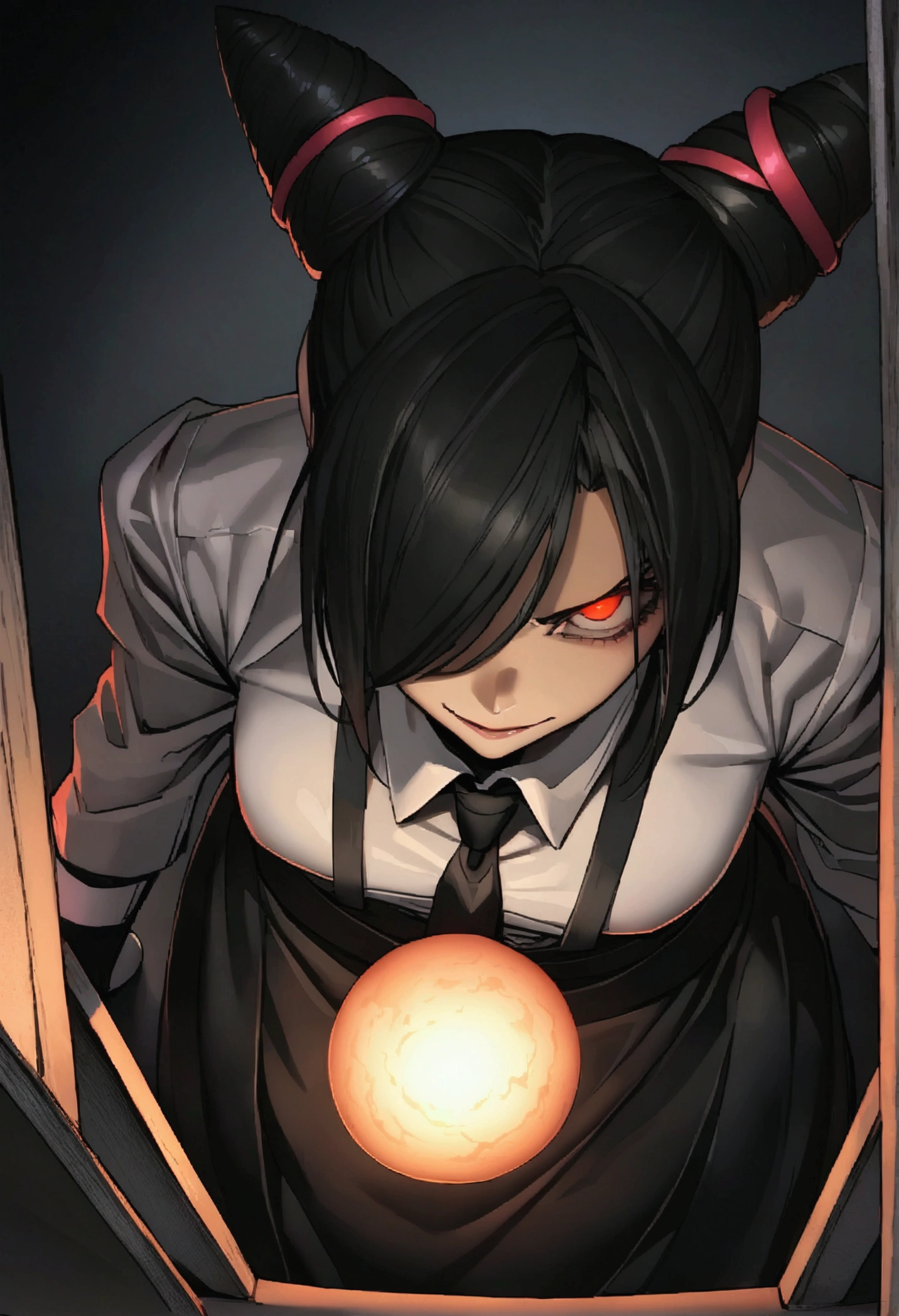 Juri Han, artwork, fitted white secretary shirt with black tie, black high-waist skirt, skirt short,sock, Bblack hair, scary black sun,desk,bangs on the eyes,Lighting,hair horn,from above view,staring overhead,Evil smile
