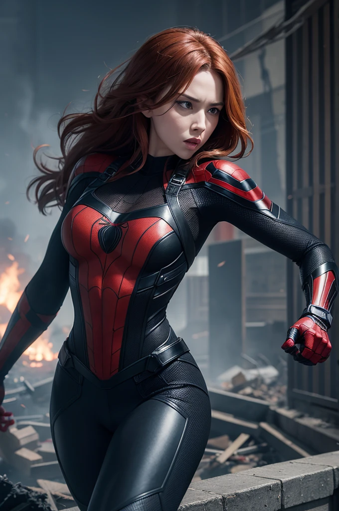 Black widow fighting spider man in the destroyed city