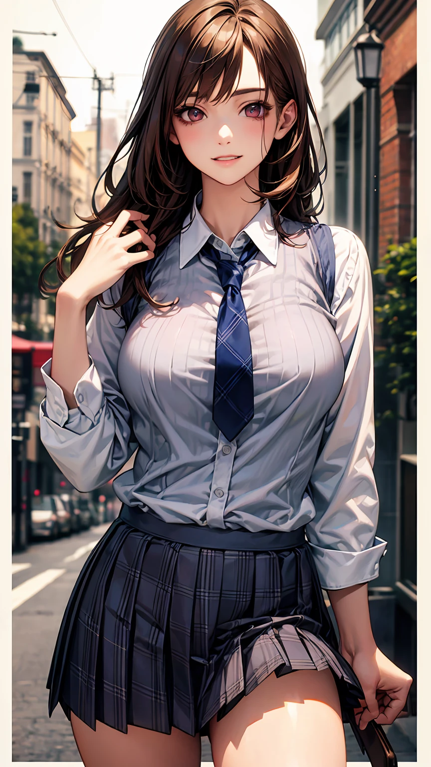 (masterpiece:1.3, Highest quality, Ultra-high resolution, Super detailed), (Realistic, photoRealistic:1.4), Beautiful illustrations, Perfect lighting, Natural light, colorful, Depth of written boundary, Surrealism, 
Beautiful detailed hair, Beautifully detailed face, Beautiful attention to detail, Beautiful clavicle, Beautiful body, Beautiful breasts, Beautiful thighs, Beautiful feet, Beautiful fingers, Shiny skin, Baby Face, 
((Recall, From behind, From below)), 1 Girl, high school girl, (Perfect Anatomy, Anatomically correct, Highly detailed skin), Cute and symmetrical face, Perfect Face, Perfect Eyes, 
(Long Hair, Straight hair, Side Lock, Dark brown hair), bangs, Yellow-green eyes, Droopy eyes, Big eyes, Long eyelashes, (Large Breasts:1.2, Captivating thighs), thin, Excellent style, 
((Detailed cloth texture, break,break, White collared shirt, break,break, Light brown knit vest, break,break, Navy check pleated skirt, break,break, Blue bow tie), break,break, White socks, Black Loafers), 
(Beautiful views), evening, (Station stairs, Climbing the stairs,), Skirts that turn over in strong winds, Stylish white panties hidden under a skirt, Hands on hips, (Falter, Embarrassing), 